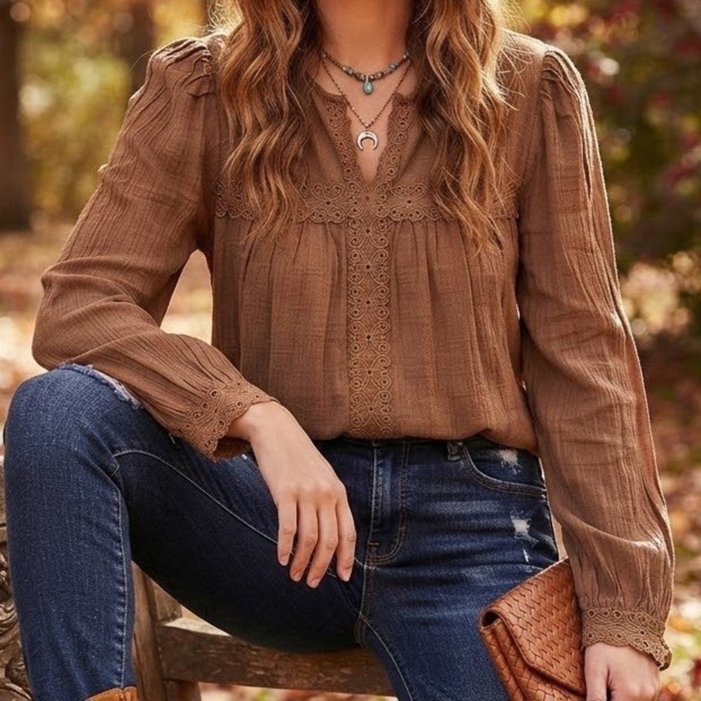 Mine Brown Crochet Lace Trim Crinkle Gauze Blouse Long Sleeve Boho Top L TB8969
